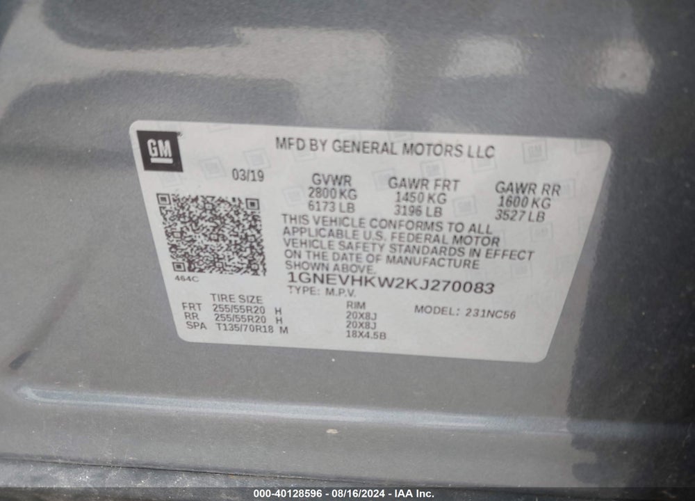 2019 CHEVROLET TRAVERSE 3LT VIN: 1GNEVHKW2KJ270083