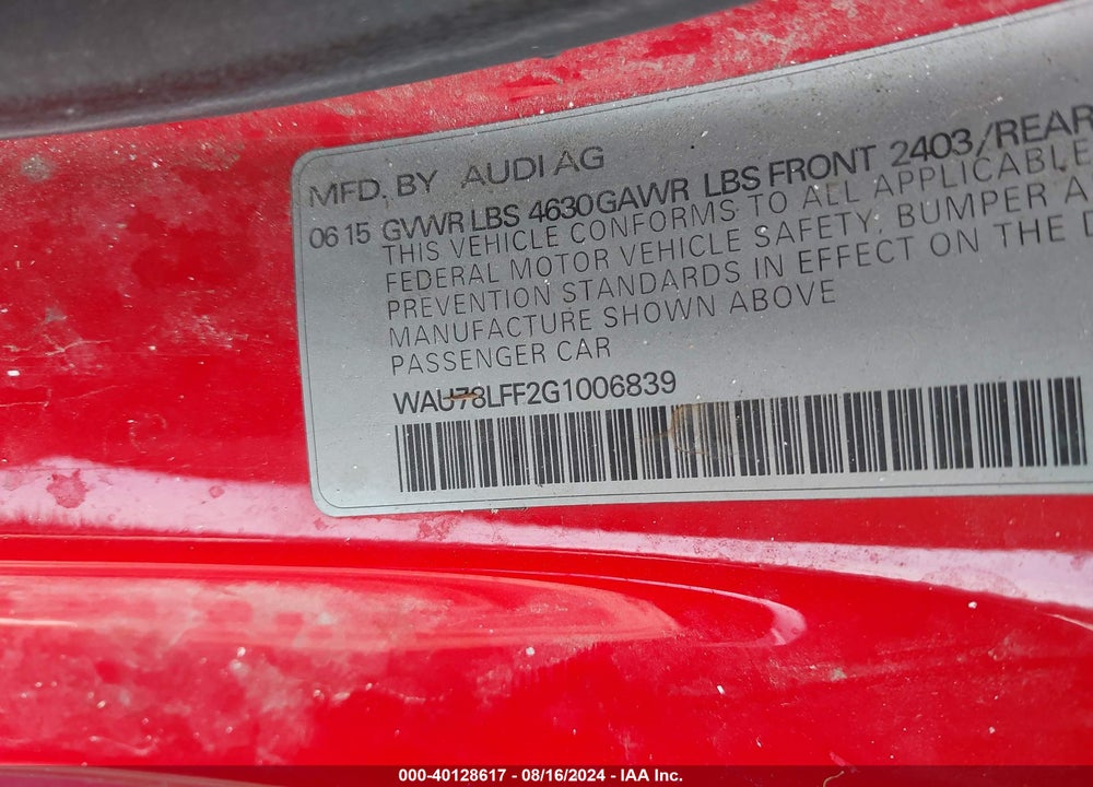 2016 AUDI A3 2.0T PREMIUM VIN: WAU78LFF2G1006839