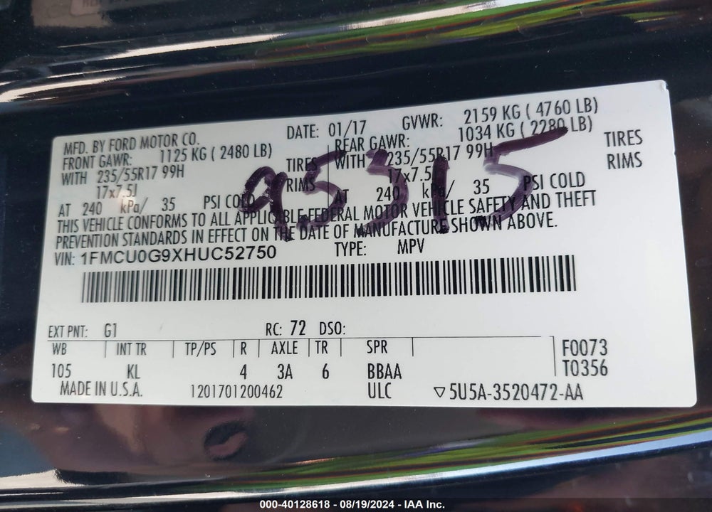 2017 FORD ESCAPE SE VIN: 1FMCU0G9XHUC52750