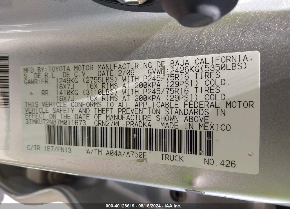 2007 TOYOTA TACOMA PRERUNNER V6 VIN: 3TMKU72N87M011673