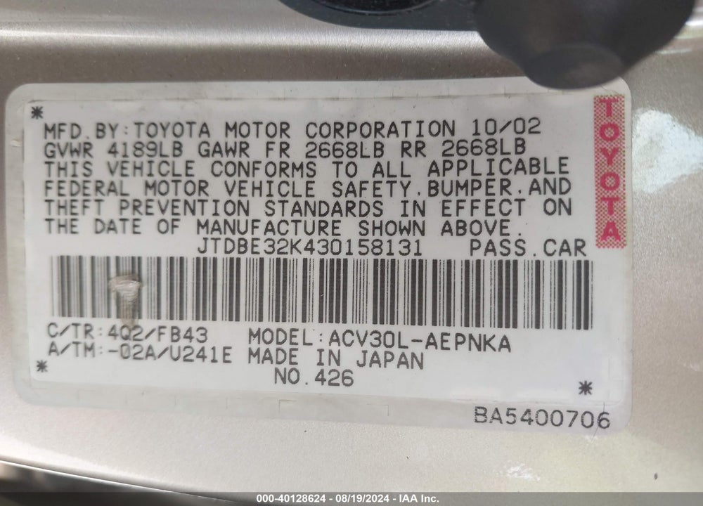 2003 TOYOTA CAMRY LE VIN: JTDBE32K430158131