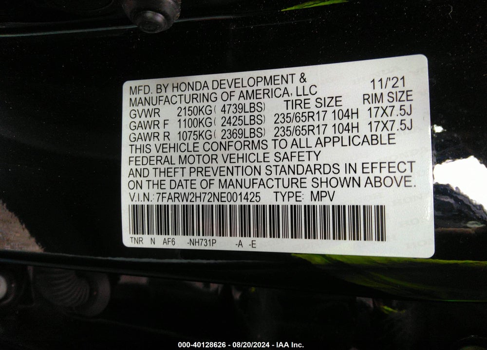 2022 HONDA CR-V AWD SPECIAL EDITION VIN: 7FARW2H72NE001425