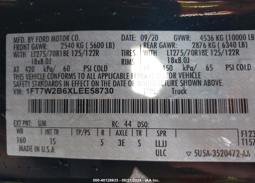 2020 FORD F-250 XL VIN: 1FT7W2B6XLEE58730