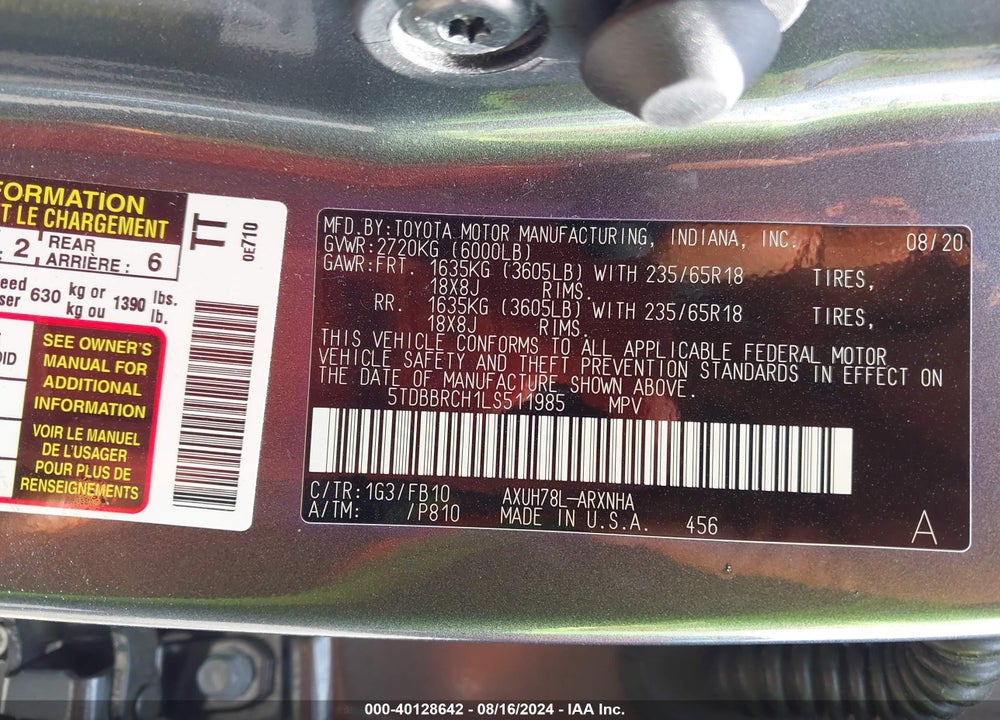 2020 TOYOTA HIGHLANDER HYBRID LE VIN: 5TDBBRCH1LS511985