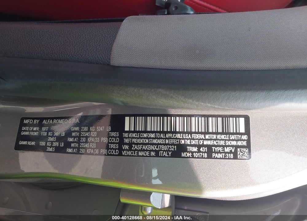 2018 ALFA ROMEO STELVIO TI VIN: ZASFAKBNXJ7B97321
