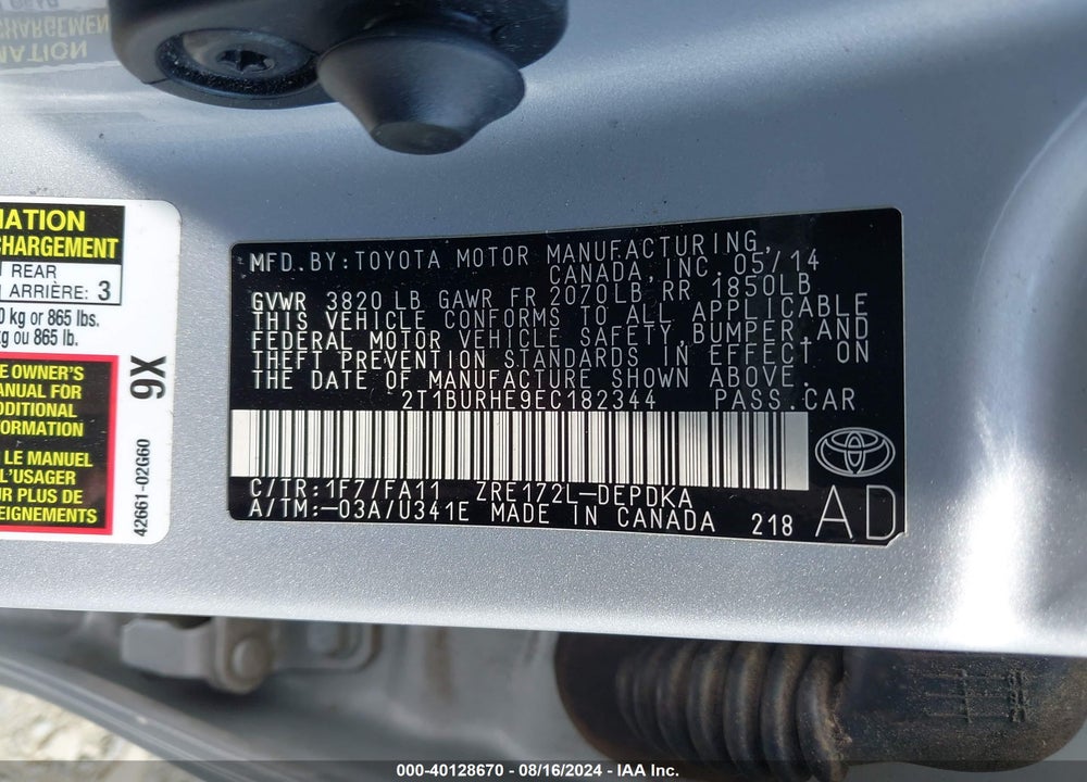 2014 TOYOTA COROLLA L VIN: 2T1BURHE9EC182344