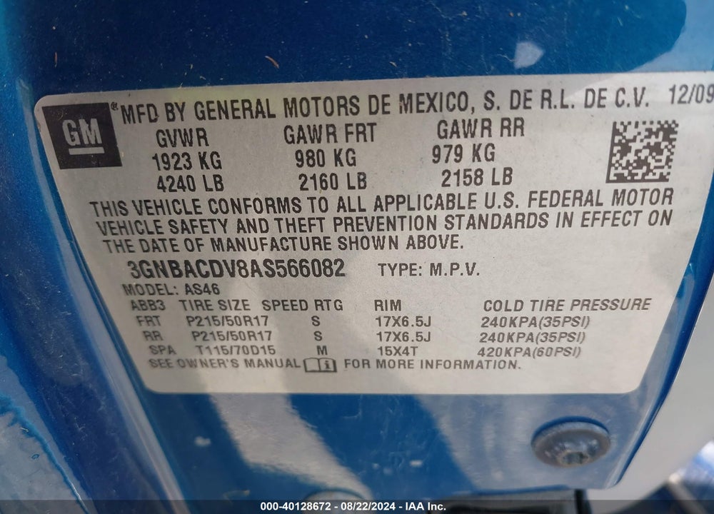 2010 CHEVROLET HHR LT VIN: 3GNBACDV8AS566082