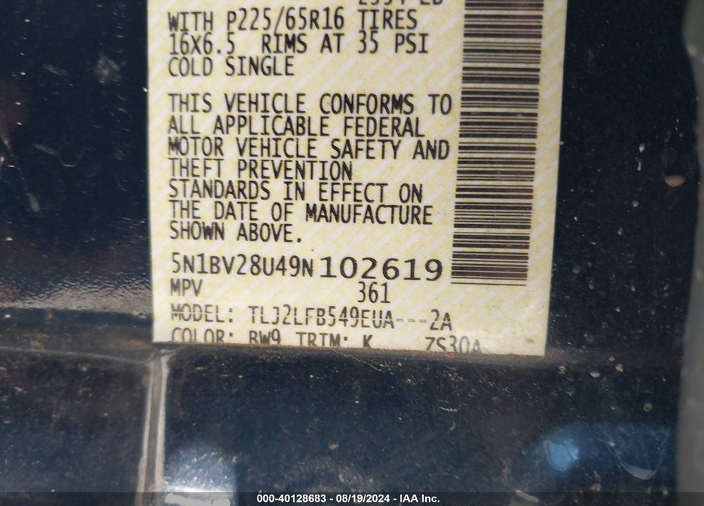 2009 NISSAN QUEST 3.5 VIN: 5N1BV28U49N102619