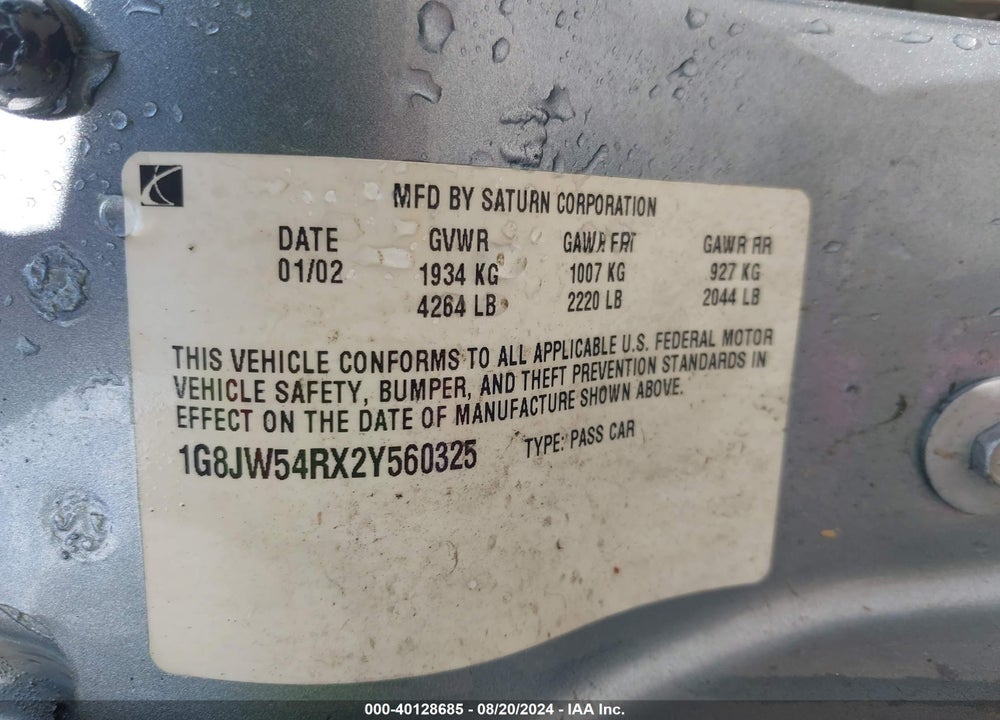 2002 SATURN L-SERIES VIN: 1G8JW54RX2Y560325