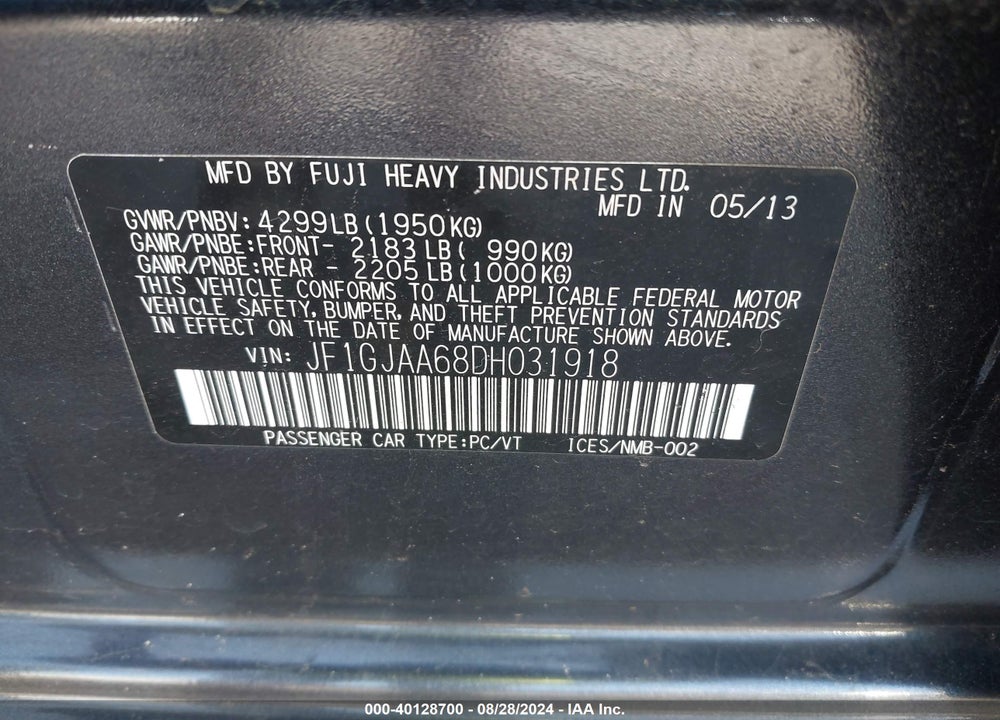 2013 SUBARU IMPREZA 2.0I VIN: JF1GJAA68DH031918