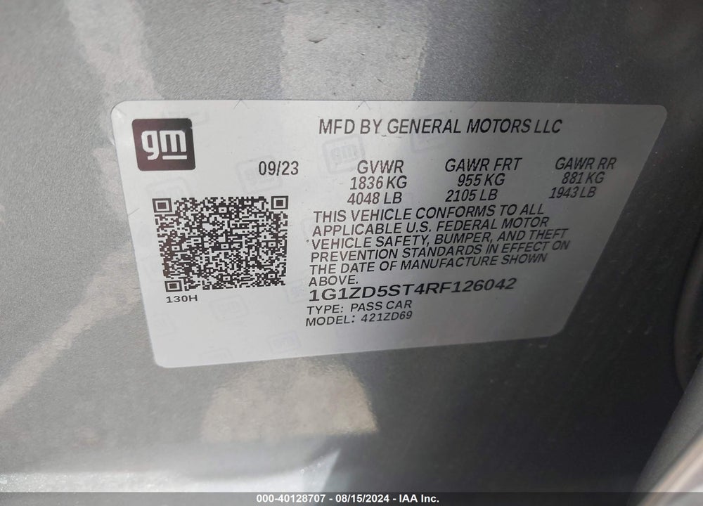 2024 CHEVROLET MALIBU FWD 1LT VIN: 1G1ZD5ST4RF126042