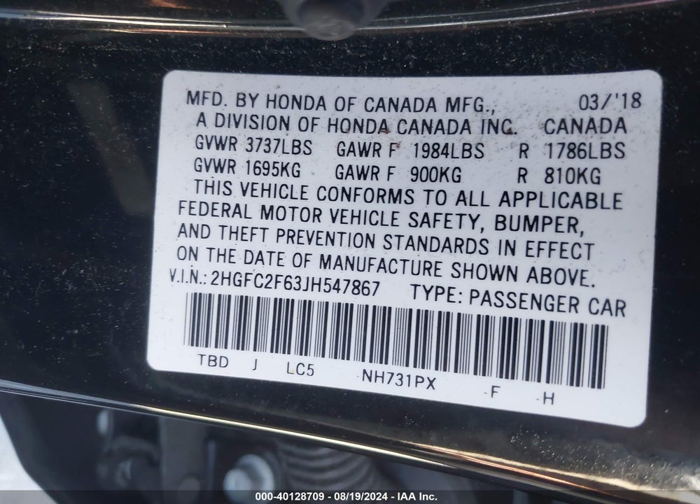 2018 HONDA CIVIC LX VIN: 2HGFC2F63JH547867