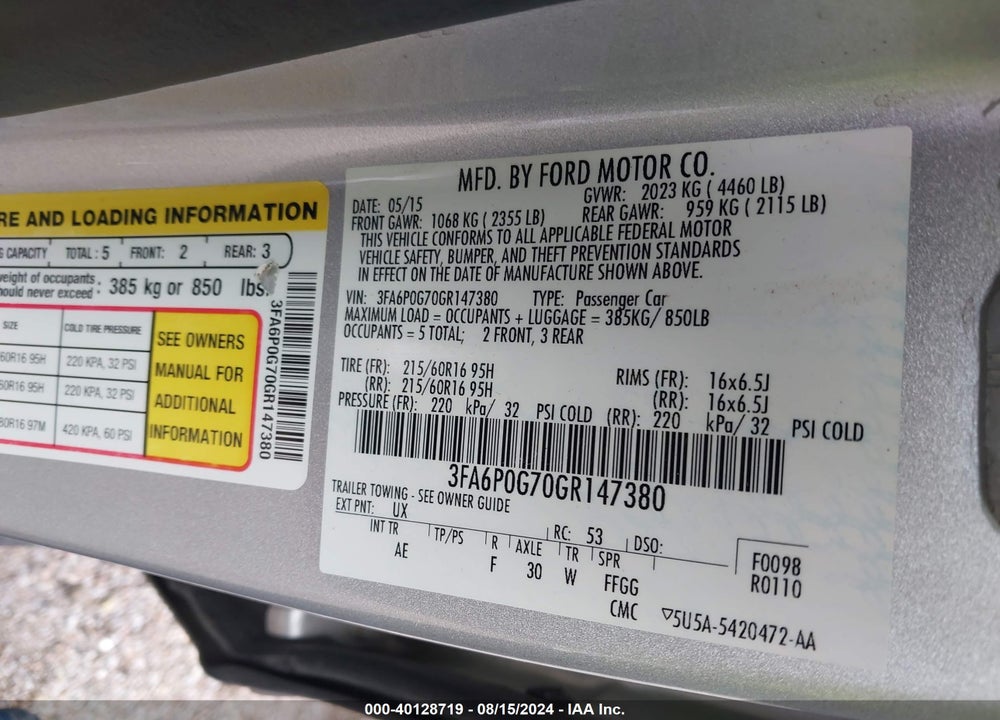 2016 FORD FUSION VIN: 3FA6P0G70GR147380