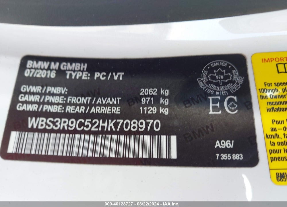 2017 BMW M4 VIN: WBS3R9C52HK708970