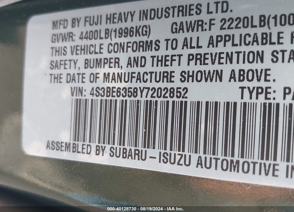 2000 SUBARU LEGACY L VIN: 4S3BE6358Y7202852