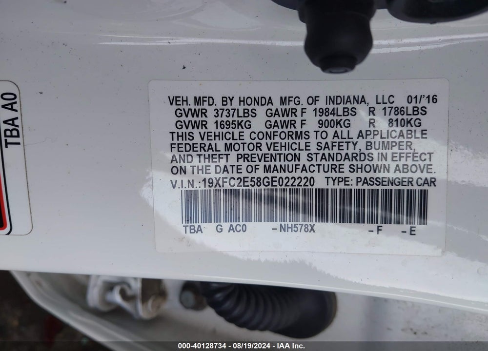2016 HONDA CIVIC LX VIN: 19XFC2E58GE022220
