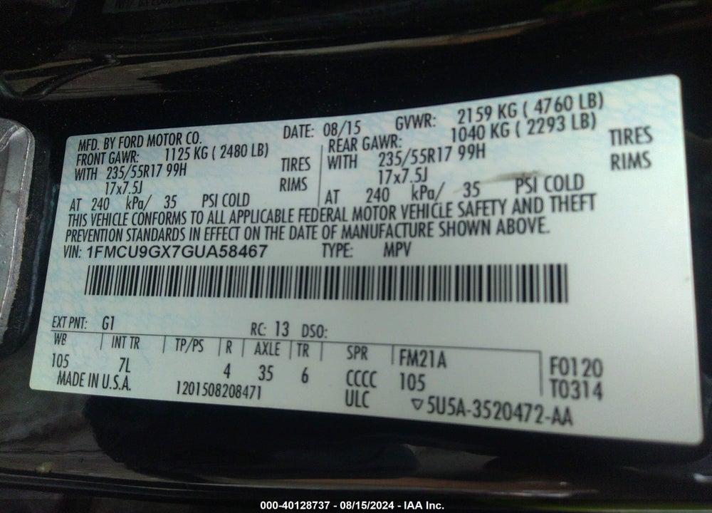2016 FORD ESCAPE SE VIN: 1FMCU9GX7GUA58467