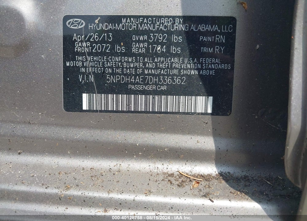 2013 HYUNDAI ELANTRA LIMITED VIN: 5NPDH4AE7DH336362