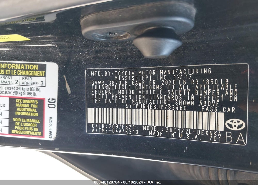 2018 TOYOTA COROLLA LE VIN: 5YFBURHE6JP783480