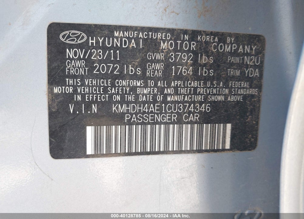 2012 HYUNDAI ELANTRA GLS (ULSAN PLANT) VIN: KMHDH4AE1CU374346