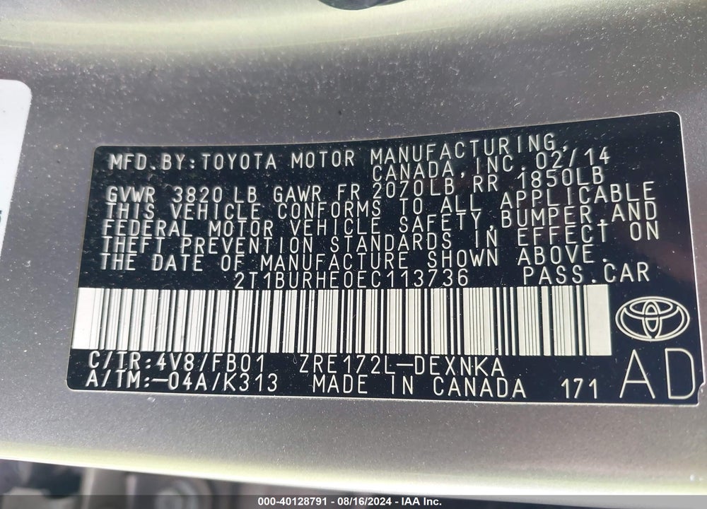 2014 TOYOTA COROLLA LE VIN: 2T1BURHE0EC113736
