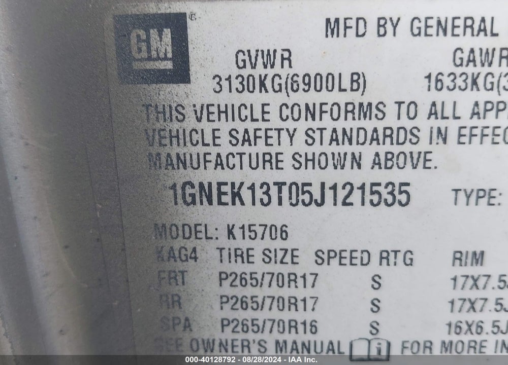2005 CHEVROLET TAHOE LT VIN: 1GNEK13T05J121535