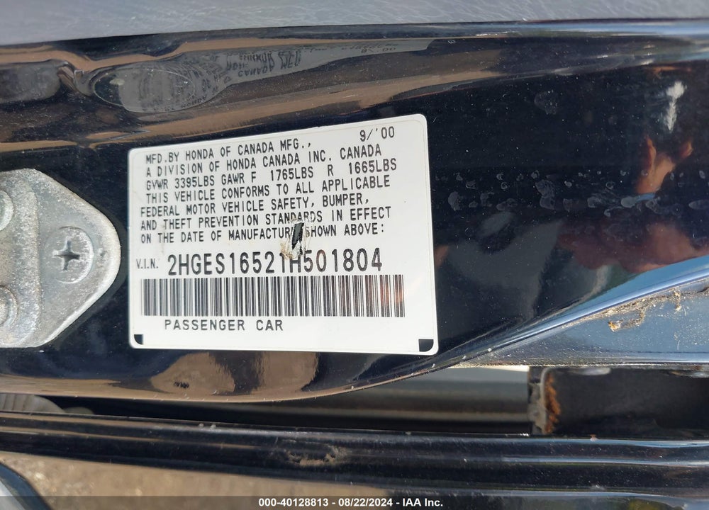 2001 HONDA CIVIC LX VIN: 2HGES16521H501804