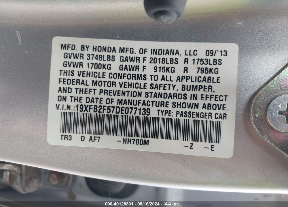 2013 HONDA CIVIC LX VIN: 19XFB2F57DE077139