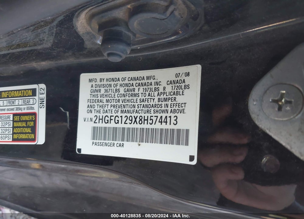 2008 HONDA CIVIC EX-L VIN: 2HGFG129X8H574413