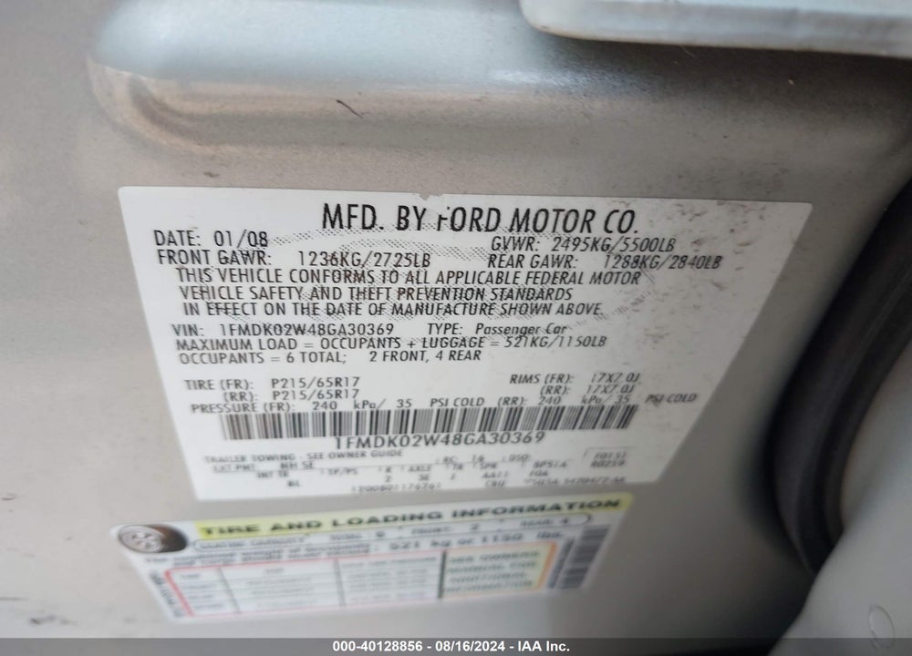 2008 FORD TAURUS X SEL VIN: 1FMDK02W48GA30369