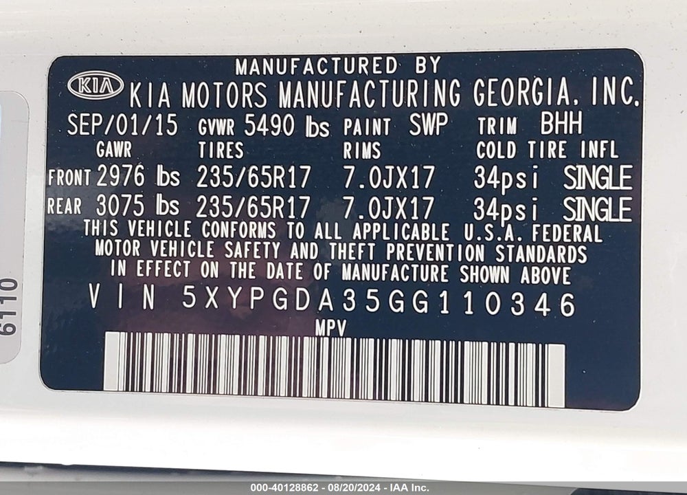 2016 KIA SORENTO 2.4L LX VIN: 5XYPGDA35GG110346
