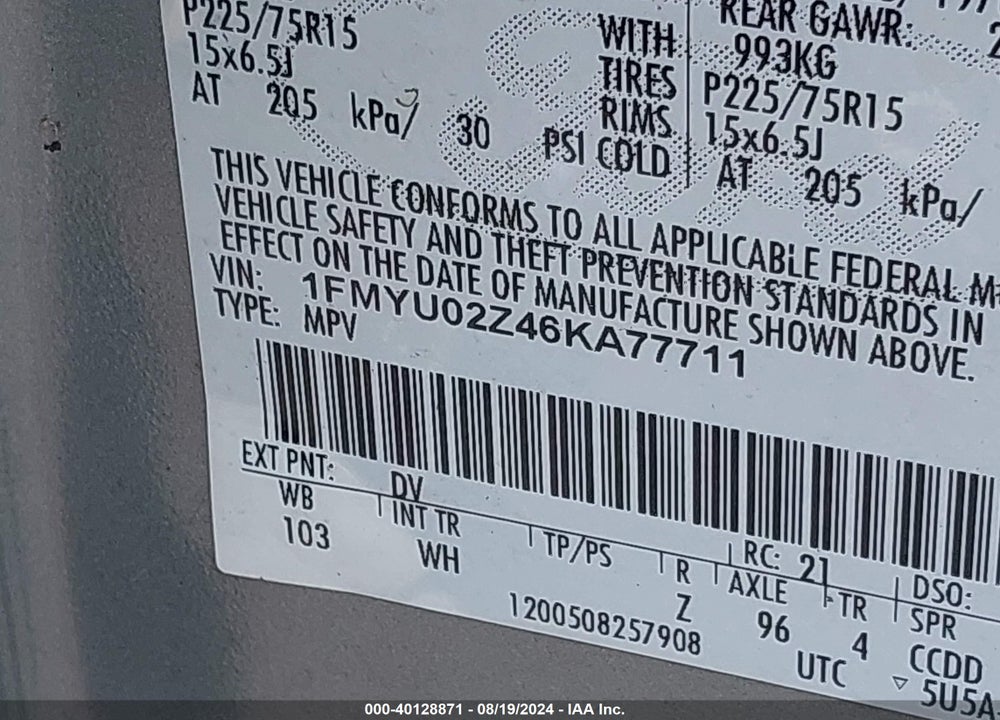 2006 FORD ESCAPE VIN: 1FMYU02Z46KA77711