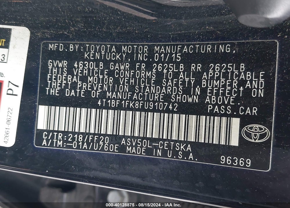 2015 TOYOTA CAMRY SE VIN: 4T1BF1FK8FU910742
