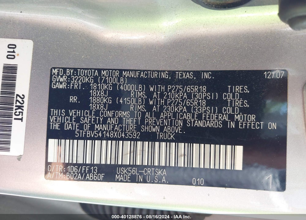2008 TOYOTA TUNDRA SR5 5.7L V8 VIN: 5TFBV54148X043592