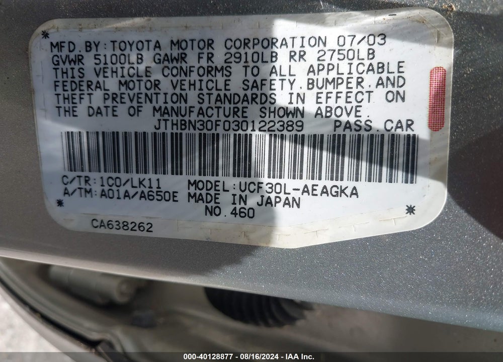 2003 LEXUS LS 430 VIN: JTHBN30F030122389