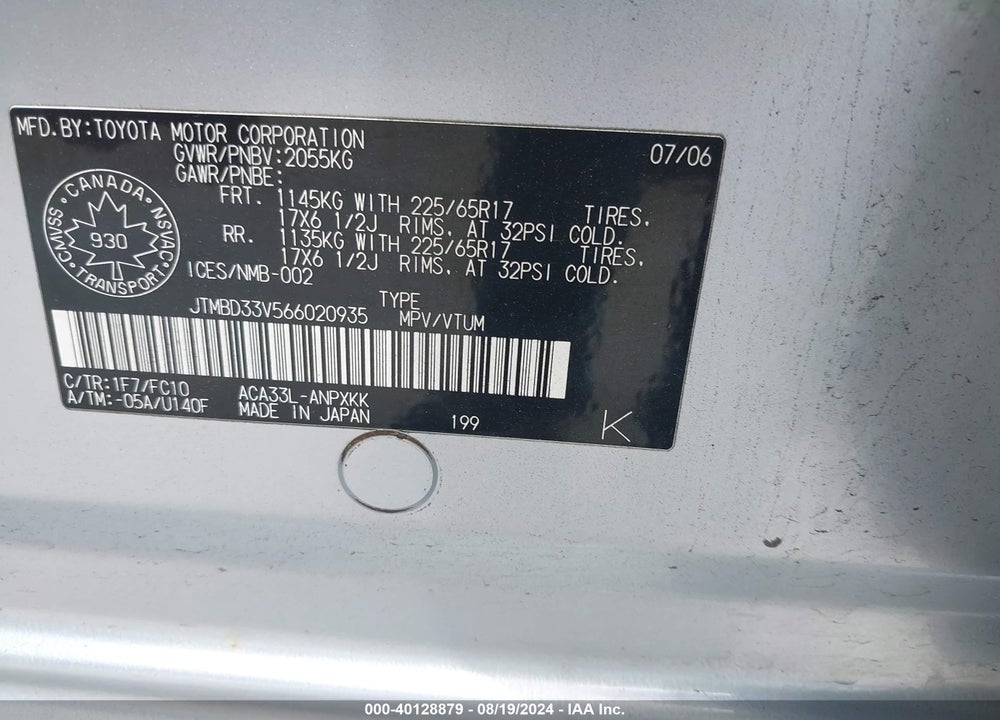 2006 TOYOTA RAV4 VIN: JTMBD33V566020935