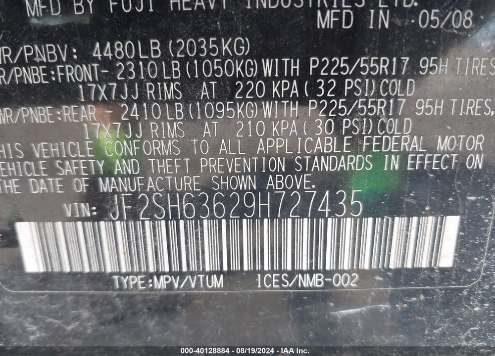 2009 SUBARU FORESTER 2.5X VIN: JF2SH63629H727435