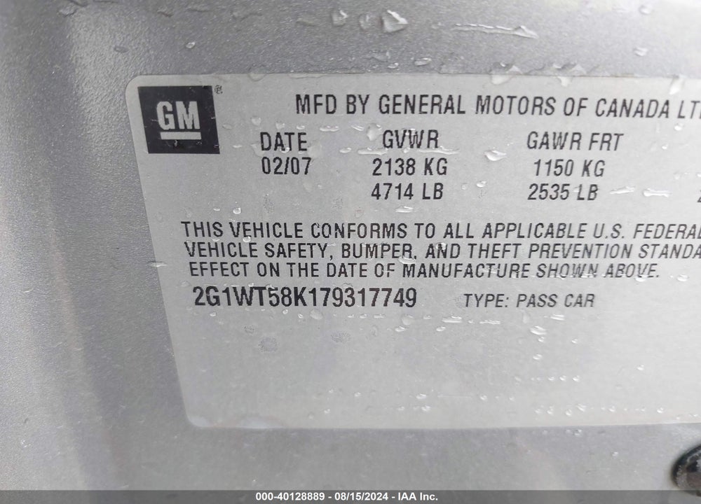 2007 CHEVROLET IMPALA LT VIN: 2G1WT58K179317749