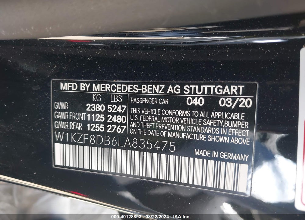 2020 MERCEDES-BENZ E 350 VIN: W1KZF8DB6LA835475