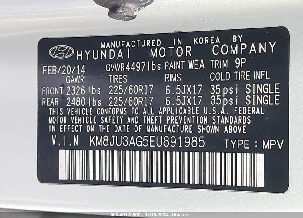 2014 HYUNDAI TUCSON SE VIN: KM8JU3AG5EU891985