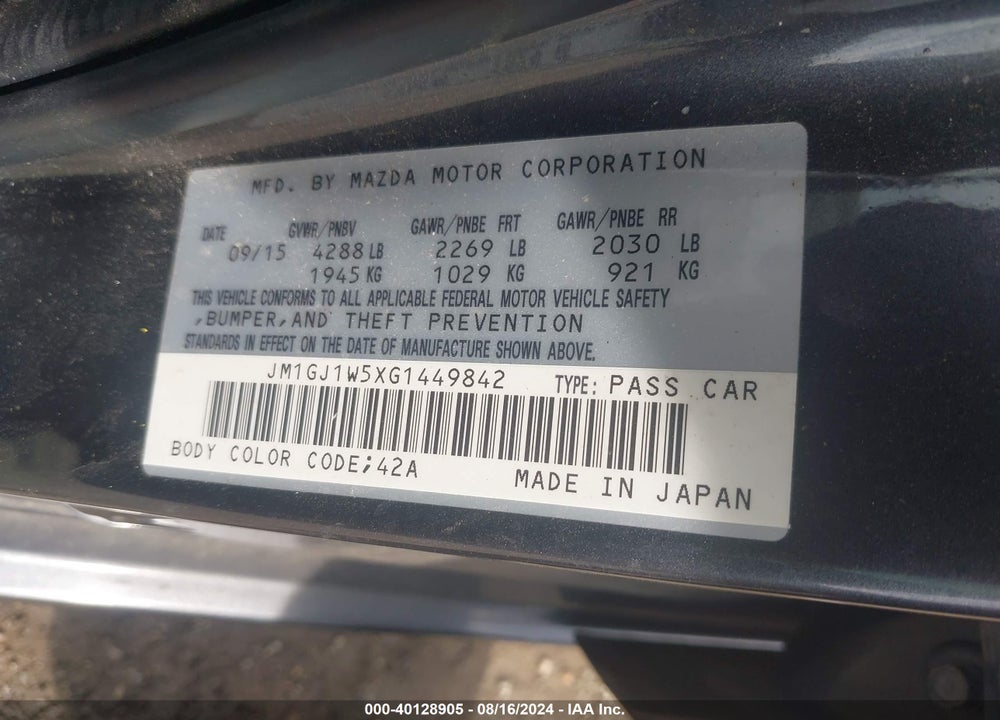 2016 MAZDA 6 I GRAND TOURING VIN: JM1GJ1W5XG1449842