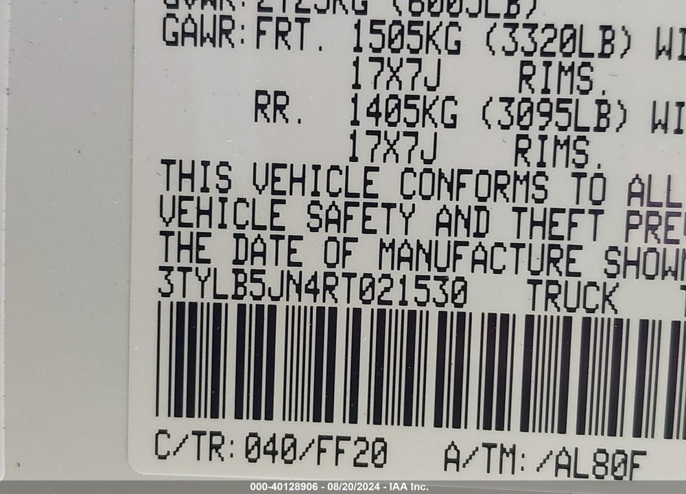 2024 TOYOTA TACOMA SR5 VIN: 3TYLB5JN4RT021530