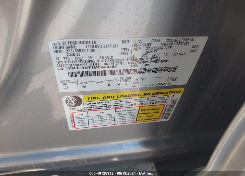 2021 FORD EXPEDITION LIMITED VIN: 1FMJU1KT1MEA84386