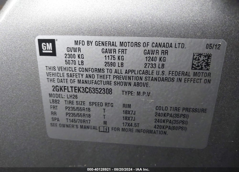 2012 GMC TERRAIN SLE-2 VIN: 2GKFLTEK3C6352308