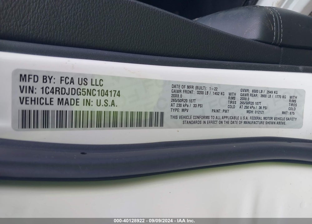 2022 DODGE DURANGO VIN: 1C4RDJDG5NC104174