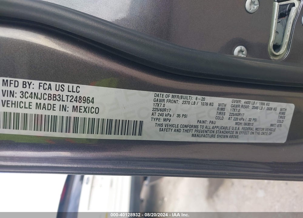 2020 JEEP COMPASS SUN AND SAFETY FWD VIN: 3C4NJCBB3LT248964