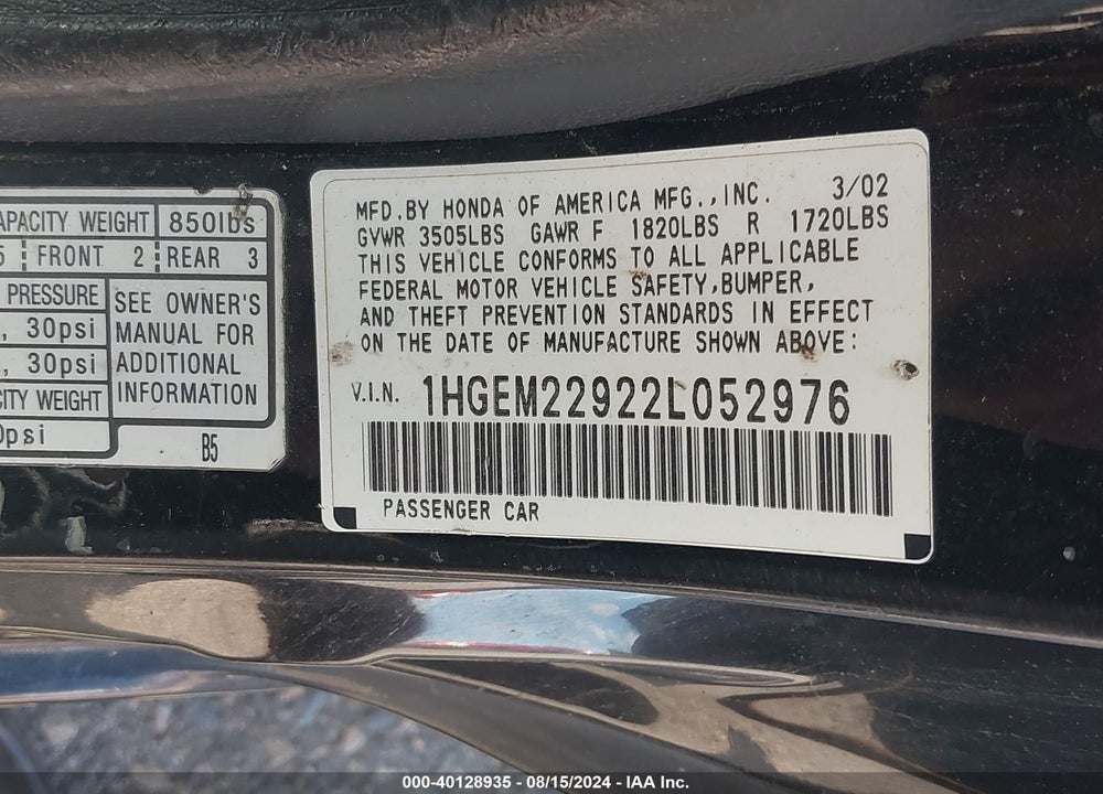 2002 HONDA CIVIC EX VIN: 1HGEM22922L052976