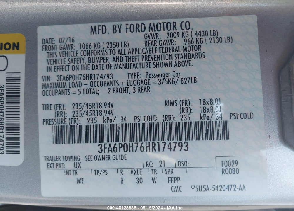 2017 FORD FUSION SE VIN: 3FA6P0H76HR174793