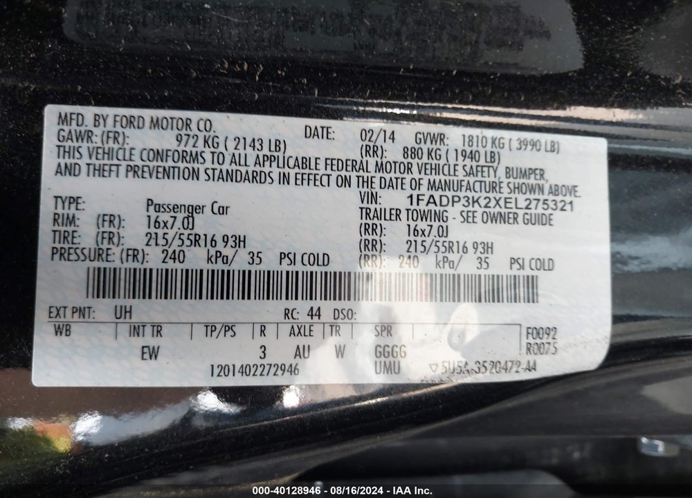2014 FORD FOCUS SE VIN: 1FADP3K2XEL275321