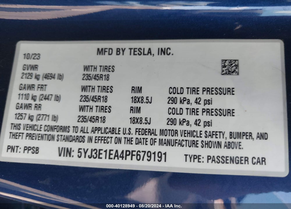 2023 TESLA MODEL 3 REAR-WHEEL DRIVE VIN: 5YJ3E1EA4PF679191
